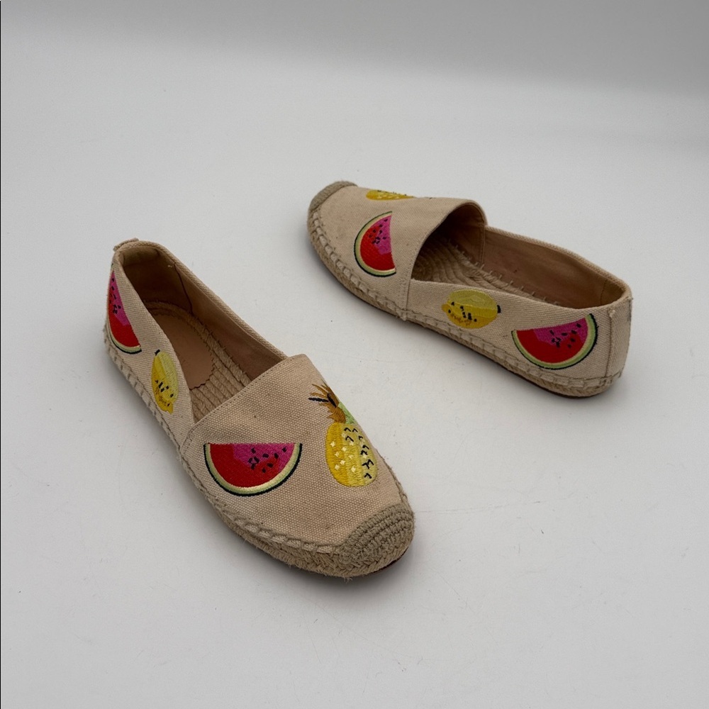 J. Crew Beige Espadrilles Fruit Embroidery canvas women 7.5 slip on beach vacay - Picture 2 of 8